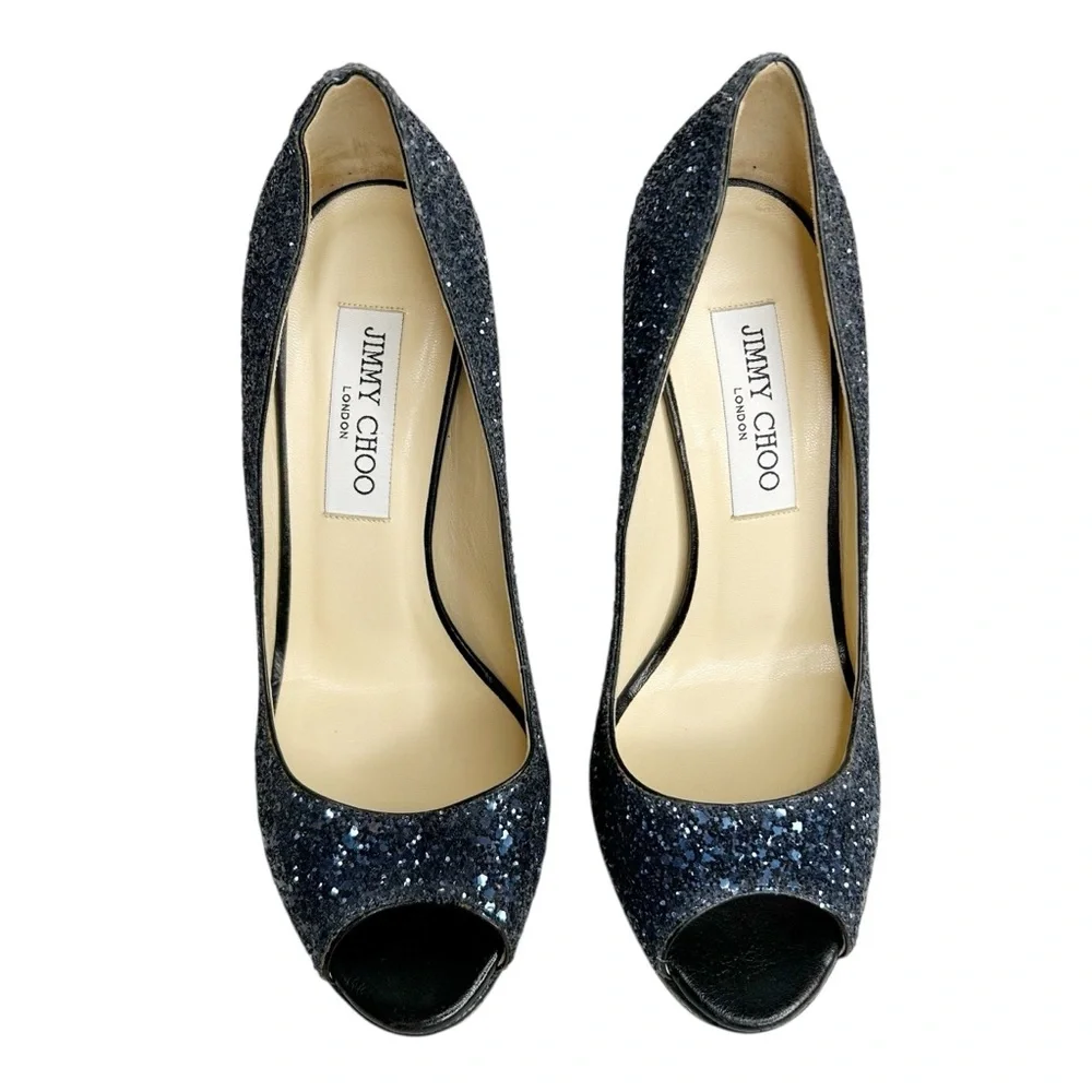 JIMMY CHOO Crown Coarse Glitter Peep Toe Stiletto Heels - Picture 6 of 12